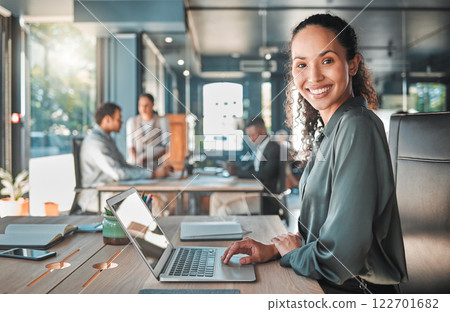 Happy entrepreneur, professional and smile business woman planning on laptop for career success, motivation and startup growth. Portrait of confident, empowered and positive young worker in an agency 122701682