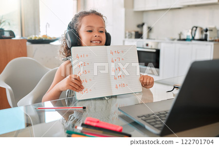 Zoom class, virtual teaching lesson and online education with clever kid showing math homework, test and sums for distance learning on video call with laptop. Home school child, girl and student 122701704