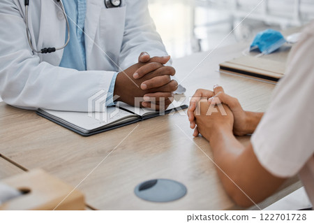 Hands, healthcare and consultant of doctor talking to patient at a desk at the hospital or clinic. Medical, health or worker consulting insurance, test results and documents for medicine at work. Hands, healthcare and consultant of doctor talking to patient at a desk at the hospital or clinic. Medical, health or worker consulting insurance, test results and documents for medicine at work. 122701728
