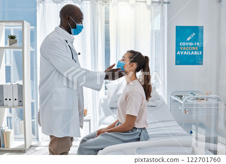Covid doctor feeling patient thyroid gland, throat and neck for test, medical checkup and healthcare appointment in a clinic or hospital. Physician consulting for virus, cancer and corona treatment Covid doctor feeling patient thyroid gland, throat and neck for test, medical checkup and healthcare appointment in a clinic or hospital. Physician consulting for virus, cancer and corona treatment 122701760
