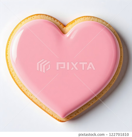 Simple icing cookies in a rounded heart shape, close-up, white background. AI generated image. 122701810