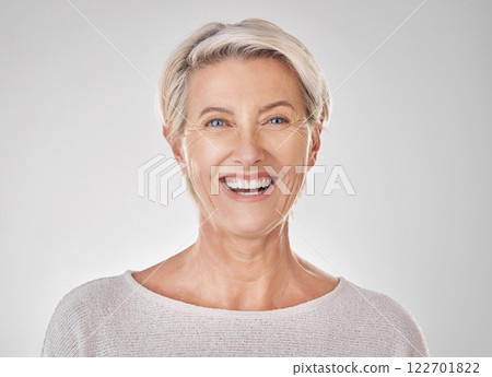 Senior woman with smile for dental health, beauty skincare and content face against studio mockup background. Portrait of happy model with healthy teeth, facial makeup and wellness in retirement 122701822