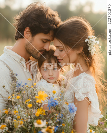 Captivating family moment in a serene field filled with wildflowers Captivating family moment in a serene field filled with wildflowers 122701879