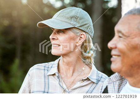 Fitness on mountain, nature and forest hiking freedom, senior woman in summer, breathing in wood and trees view. Wellness workout holiday, healthy cardio exercise and elderly retirement adventure. 122701919