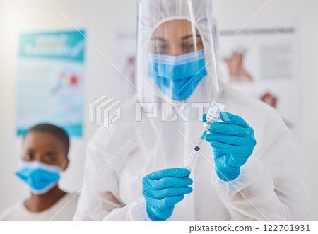 Vaccine, injection and medicine cure for covid, monkeypox and ebola with doctor, healthcare or medical professional. Frontline worker in hazmat suit getting ready to inject clinic or hospital patient 122701931