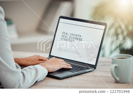 Strategy, growth or advertising plan on laptop with corporate businesswoman working on marketing presentation for startup company. Management employee reading email at desk in her home office 122701946