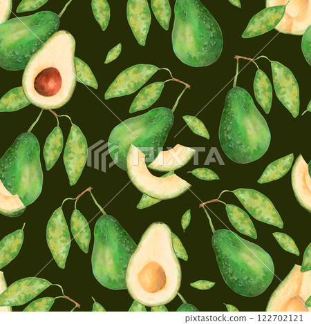 Fruit seamless pattern avocado with leaves and slices. Watercolor and marker illustration. Hand drawn isolated art. Botanical texture for healthy food for printing on fabric, paper, juice packaging. 122702121