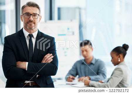 Leader, manager and ceo working in management for a corporate company with vision, leadership and confidence for startup success. Portrait of serious executive, business man and boss in an office 122702172