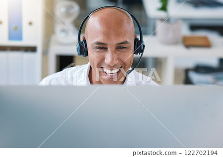 Customer support, receptionist or call center agent consulting with wireless headset. Happy telemarketer working in ecommerce with technology. Smiling hotline operator doing crm communication 122702194