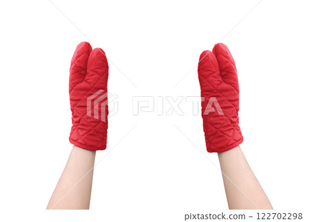 Red microwave gloves, top view, white background. Red microwave gloves, top view, white background. 122702298