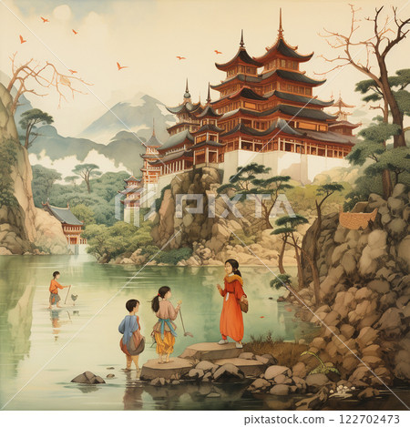 A person sitting in front of Kinkakuji Temple and his shadow 122702473