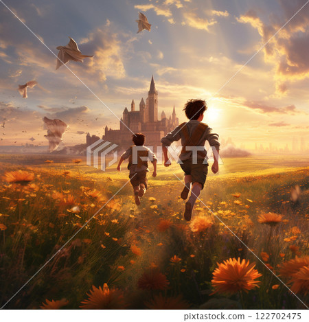 A girl jumping on a big cloud in the sunset A girl jumping on a big cloud in the sunset 122702475