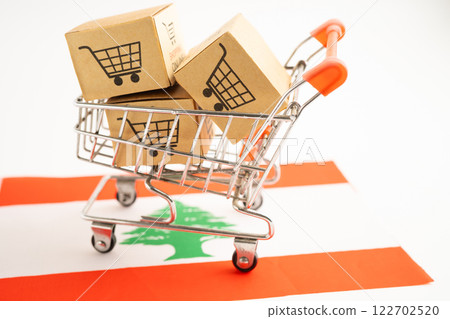Box with shopping online cart logo and Lebanon flag, Import Export Shopping online or commerce finance delivery service store product shipping, trade, supplier. 122702520