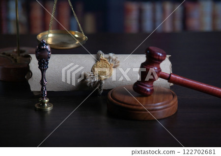 Last will and testament with wooden judge gavel document 122702681