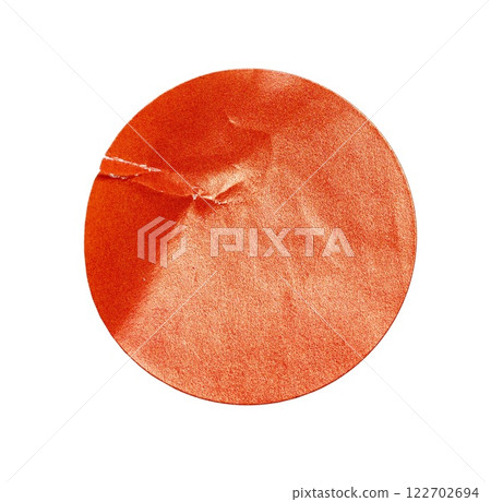 Blank orange round crumpled paper promotion sticker label cutout isolated on a white background 122702694