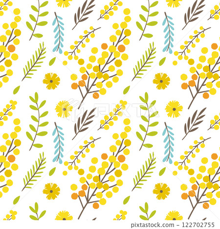 Spring seamless mimosa flowers. Summer yellow flowers fabric design Spring seamless mimosa flowers. Summer yellow flowers fabric design 122702755