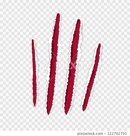 Cat claws red scratches, torn paper edge isolated on transparent background realistic. Damaged surface textured holes. Cat claws red scratches, torn paper edge isolated on transparent background realistic. Damaged surface textured holes. 122702791
