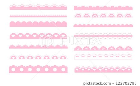 Scalloped pink border simple cute divider with heart and dots ornament edge cutout decoration isolated on white background.  122702793