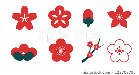 Sakura red cherry flower blossom, simple silhouette petal. Spring pretty eastern decoration. 122702795