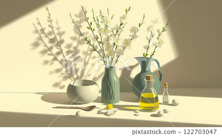 Still life with white flowers in vases, oil bottles, ceramic bowl and wooden spoon on table with sunlight and shadows. Spring theme 122703047