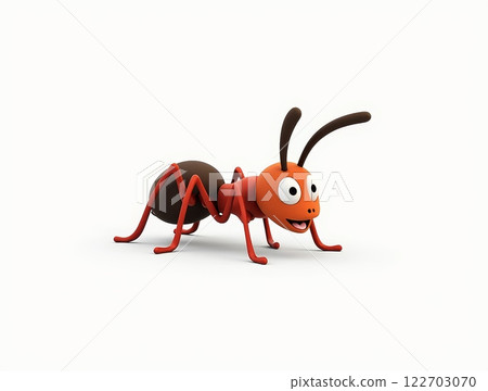Smiling cartoon ant with orange and brown body standing on white background. Minimalistic 3D rendering 122703070