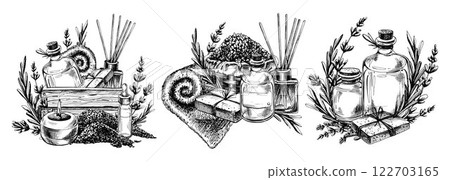 Handmade cosmetics, bath salts, soap, bombs with bottles, towels, lavender flowers and candles. Graphic illustration line art hand drawn in black and white monochrome. Set of elements Handmade cosmetics, bath salts, soap, bombs with bottles, towels, lavender flowers and candles. Graphic illustration line art hand drawn in black and white monochrome. Set of elements 122703165