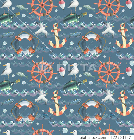 Ship steering wheel, lifebuoy, striped anchor, bottle of rum with seagull, flying seagulls, fish, fishing float, bubbles floating on water. Hand drawn watercolor illustration. Seamless pattern. 122703167