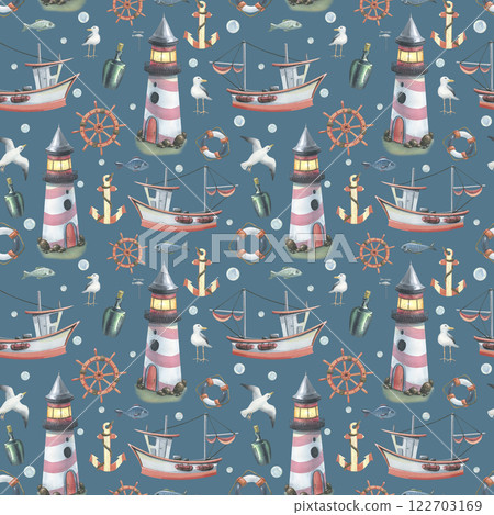 Watercolor illustration of a marine theme with a lighthouse, a fishing ship, a steering wheel, an anchor, seagulls. Light, seamless pattern. For fabric, textiles, prints, wallpaper, paper, clothing. 122703169