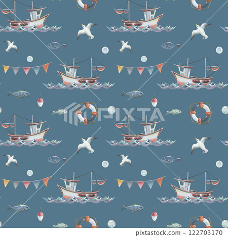 Watercolor illustration on the theme of sea fishing with a seamless pattern. Boat, lighthouse, fishing lodge, seagulls, flags, barrel, steering wheel, anchor, lifebuoy. For fabric, print, wallpaper. 122703170