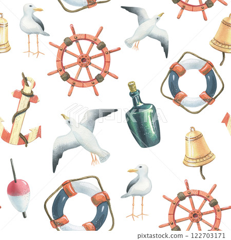 Watercolor illustration with anchor, seagulls, steering wheel, lifebuoy, rynda, bottle, float. Seamless pattern on the theme of sea fishing. For decoration and design of, fabrics, textiles, wallpaper 122703171