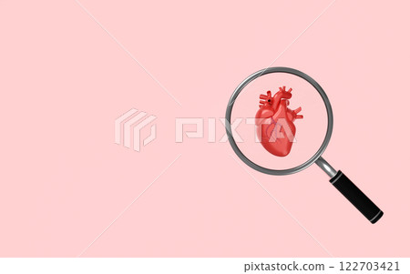 3d realistic human heart with magnifying glass isolated on pink background. health check concept, 3d illustration render 122703421