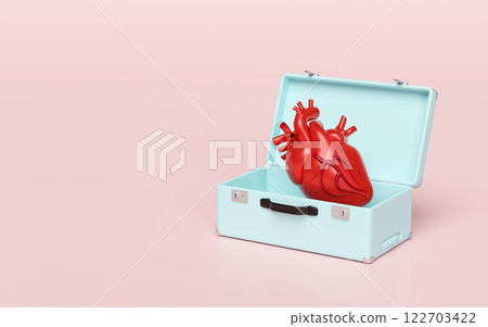 3d realistic human heart in bag isolated on pink background. organ transport concept, 3d illustration render 3d realistic human heart in bag isolated on pink background. organ transport concept, 3d illustration render 122703422