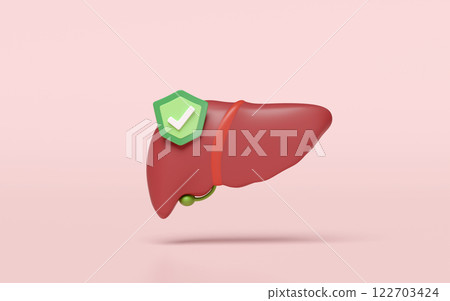 3d realistic human liver with shield,check mark isolated on pink background. liver care prevention treatment concept, 3d illustration render 122703424