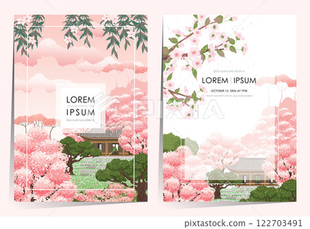 Vector Illustration Template set of Traditional Korean Architecture - Hanok with Cherry Blossoms in a Serene Spring Garden.				 122703491