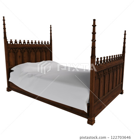 Elegant wooden canopy bed with intricate detailing in a serene setting 122703646