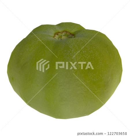Unique green tomato resting on a white surface in bright light 122703658