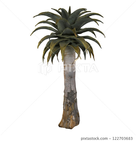 Tall artificial plant resembling a palm tree with large leaves 122703683