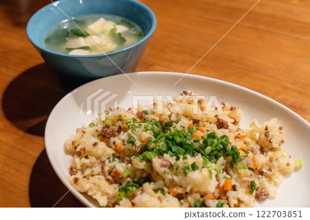 Fried rice with minced meat and green onions and Chinese tofu soup Fried rice with minced meat and green onions and Chinese tofu soup 122703851