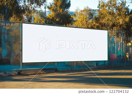 large blank white poster with mockup space hanging on metal fence of play ground outside 122704132
