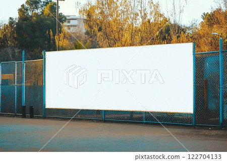 large blank white poster with mockup space hanging on metal fence of play ground outside large blank white poster with mockup space hanging on metal fence of play ground outside 122704133