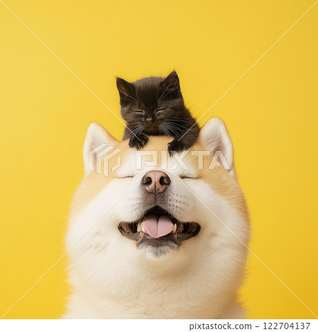 微笑的小狗和無辜的小貓的溫馨場景 微笑的小狗和無辜的小貓的溫馨場景 122704137