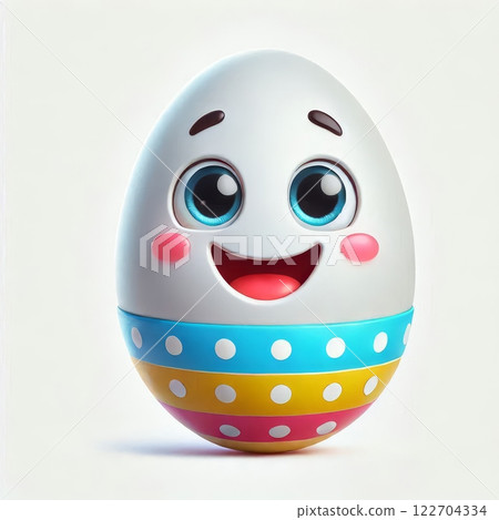 Cute cartoon smiling Easter egg with colorful stripes and big eyes. Easter celebration and spring holiday concept. Design for greeting cards and posters Cute cartoon smiling Easter egg with colorful stripes and big eyes. Easter celebration and spring holiday concept. Design for greeting cards and posters 122704334