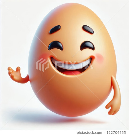 Smiling anthropomorphic egg character with rosy cheeks and raised hand isolated on white background. Cartoon illustration 122704335