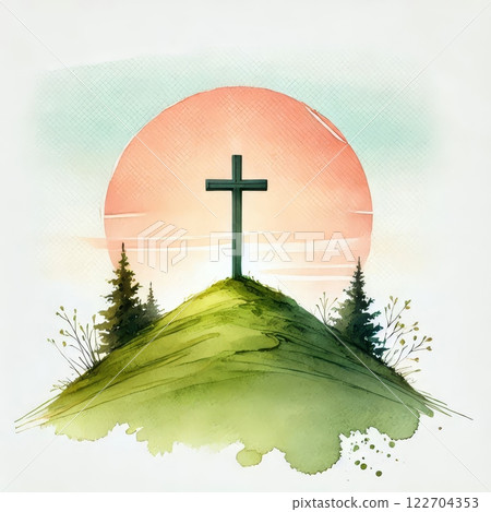 Cross on a green hill with trees at sunset, watercolor illustration with warm tones, symbolizing faith, peace, and hope 122704353