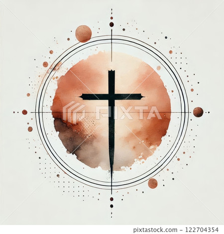 Black cross centered on a watercolor abstract background with circular geometric elements in brown and beige tones 122704354