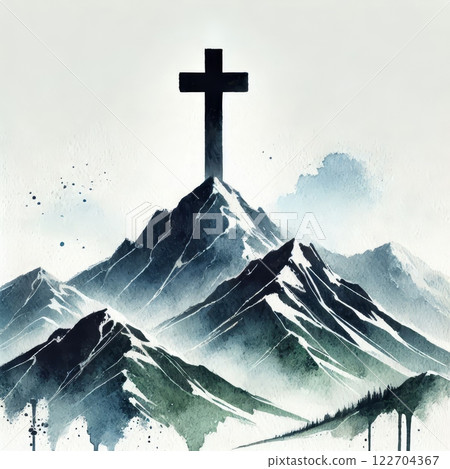 Cross on top of a mountain peak with snow-covered slopes. Watercolor painting with a misty background and natural elements Cross on top of a mountain peak with snow-covered slopes. Watercolor painting with a misty background and natural elements 122704367