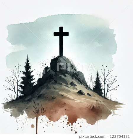 Watercolor illustration of a cross on a rocky hill surrounded by trees and grass. Christian symbol and Easter inspiration 122704381