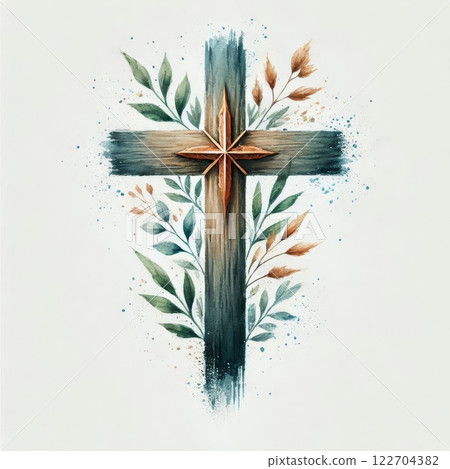 Cross with watercolor gradient and botanical elements. Abstract spiritual illustration with soft leaves and floral accents 122704382