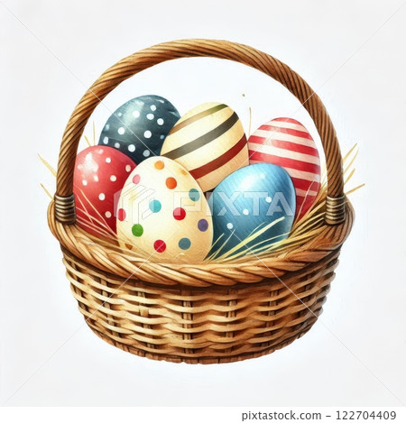 Basket filled with colorful polka dot and striped Easter eggs on a white background. Easter celebration and holiday watercolor decoration concept 122704409
