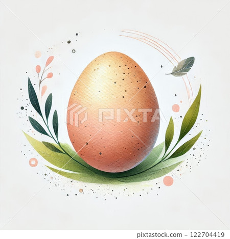 Egg surrounded by green leaves and abstract decorative elements on a white background. Watercolor illustration for spring and Easter themes 122704419